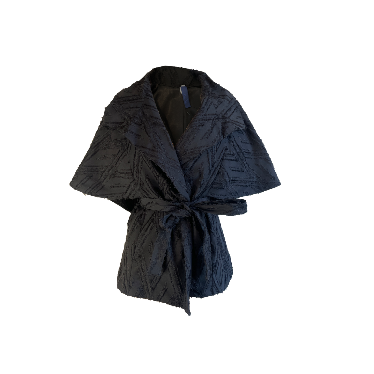 Black wool blend wrap jacket with transformable cape with black fringed detail