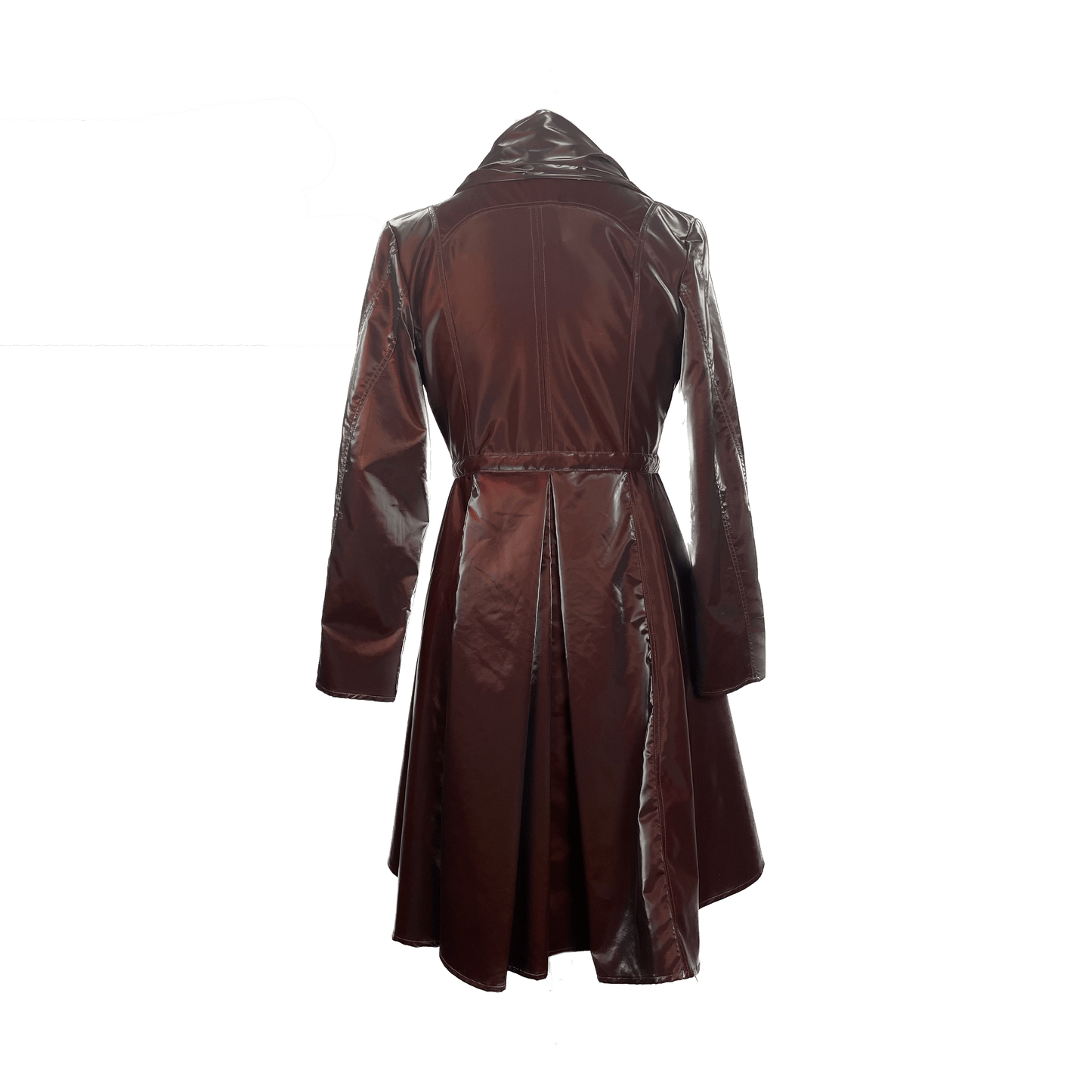 Back of shiny burgundy cotton coat with self tie belt and interior bib