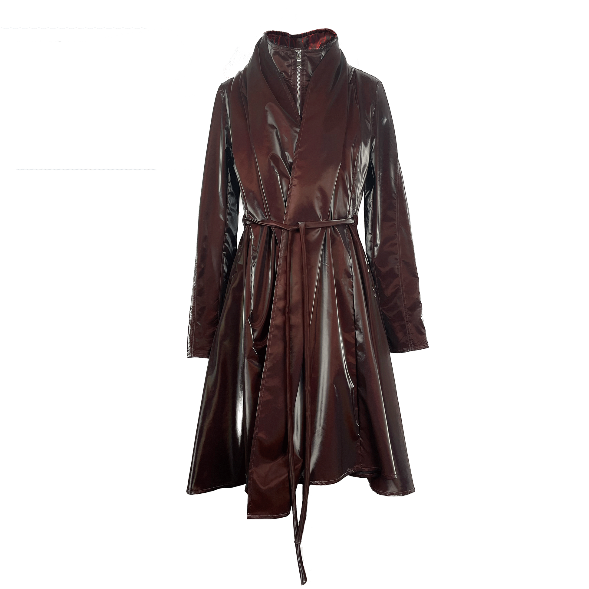 Shiny burgundy cotton coat with self tie belt and interior bib