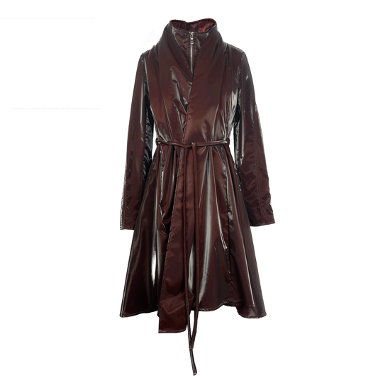 Shiny burgundy cotton coat with self tie belt and interior bib
