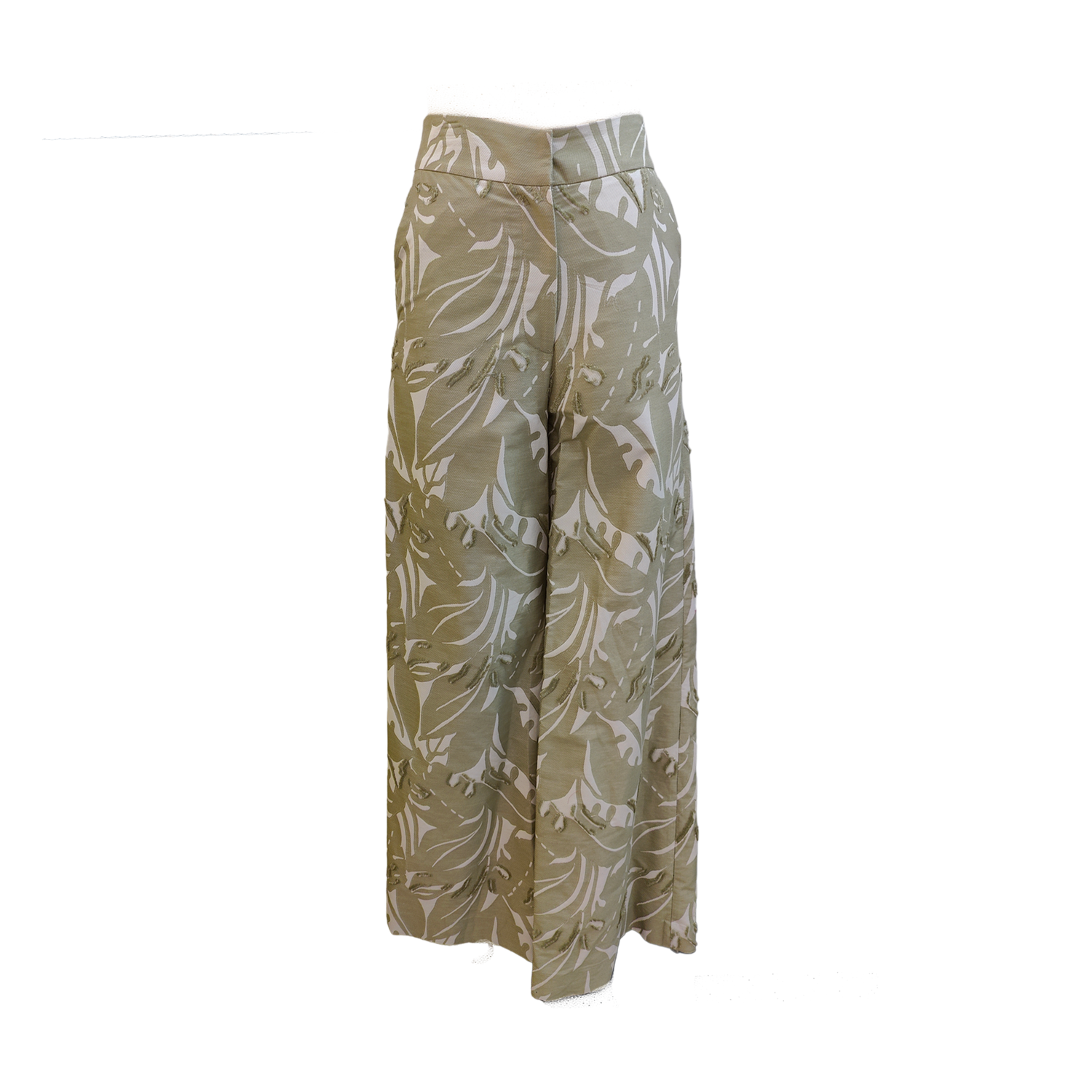 Wool blend high waisted flared pants, made in solid fabric in sage with beige leaf pattern