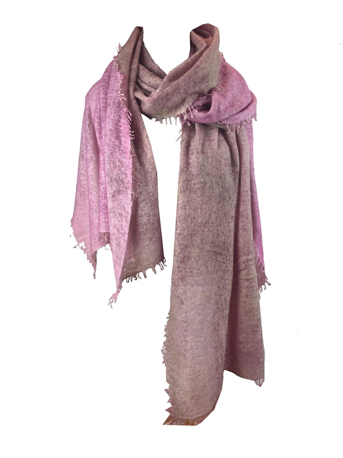 Wrapped cashmere fringed scarf in pink and tan