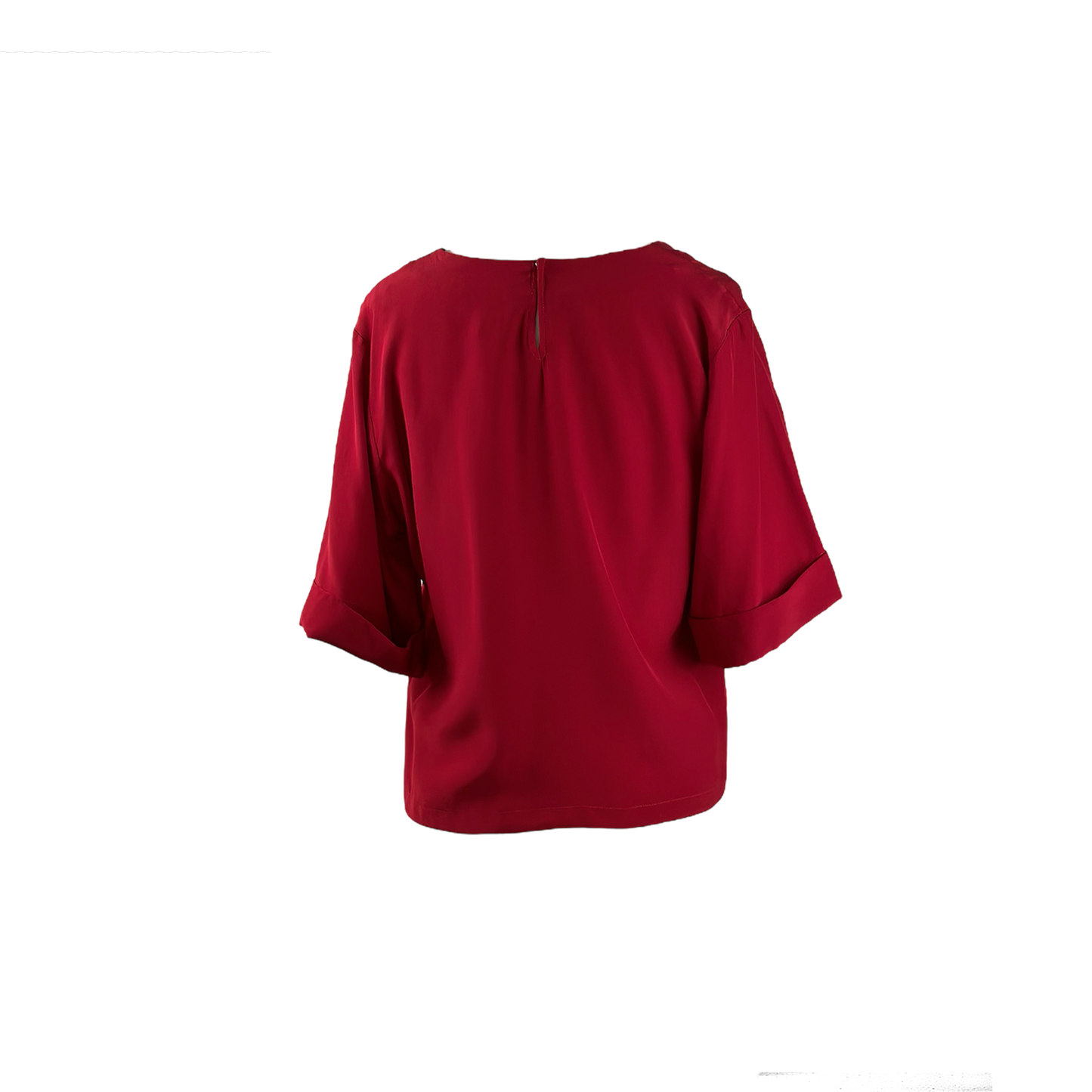 Back of red boxy silk top with folded sleeves and zipper