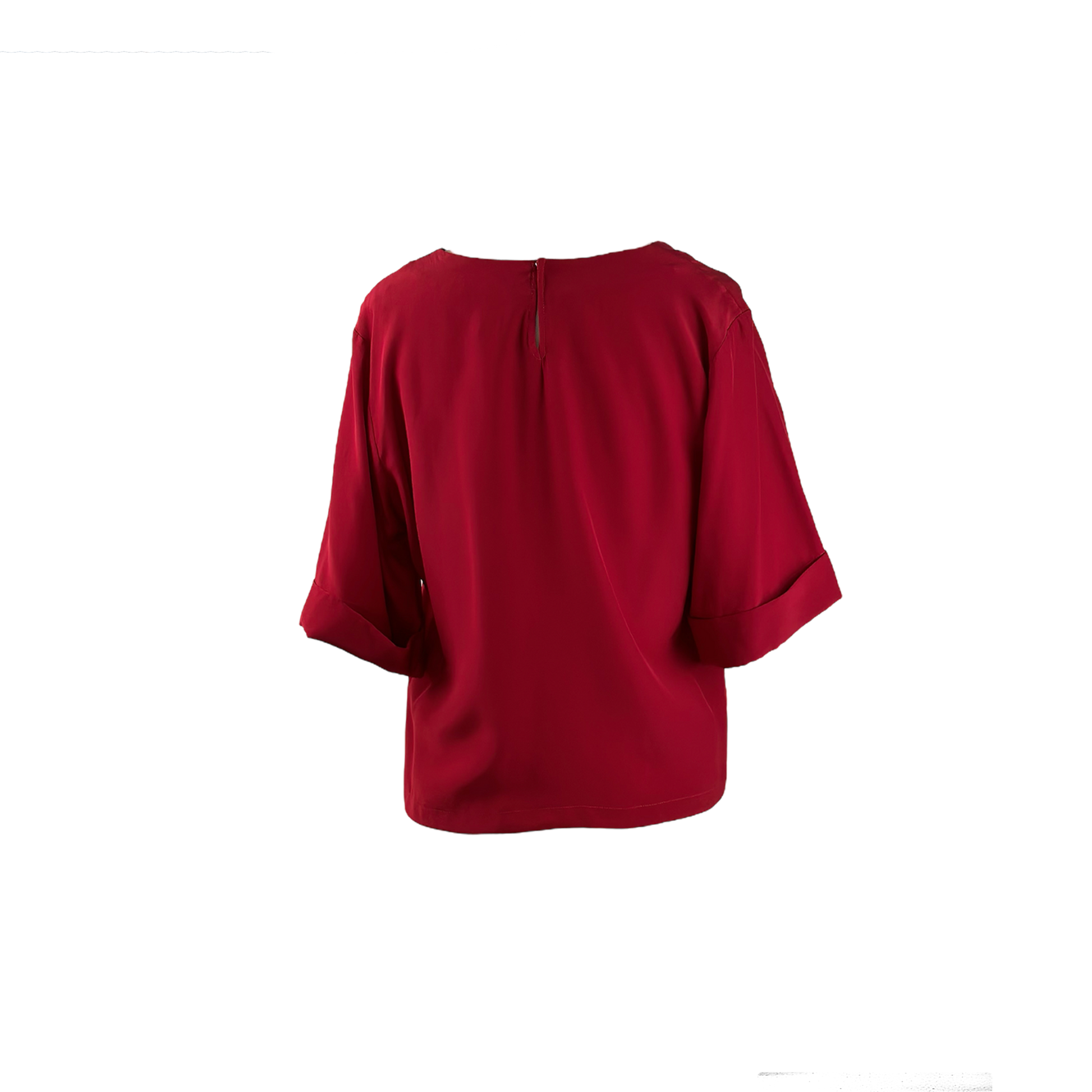 Back of red boxy silk top with folded sleeves and zipper