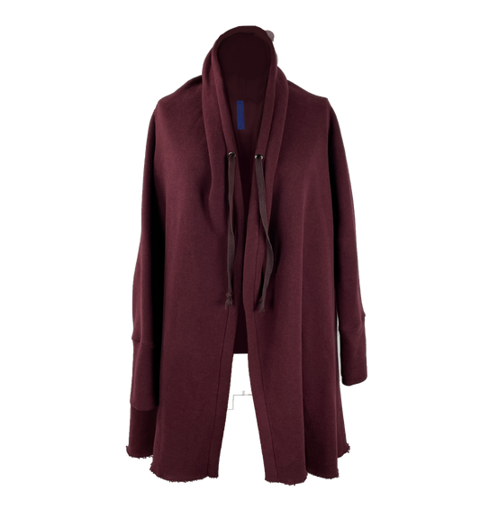 Loose burgundy red cardigan with adjustable shawl collar and fitted sleeves