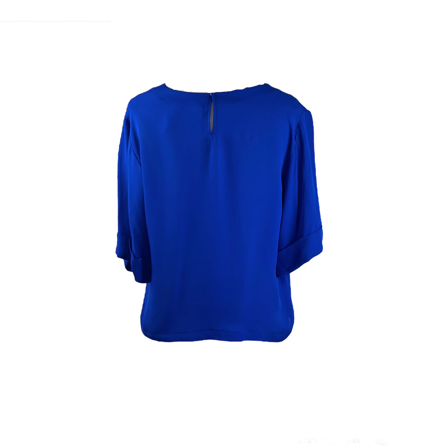 Back of cobalt blue cropped silk boxy top with zipper