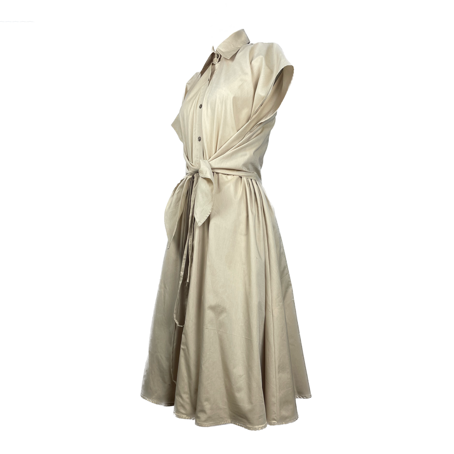 Side of cotton soft sage dress with button detailing and adjustable waist