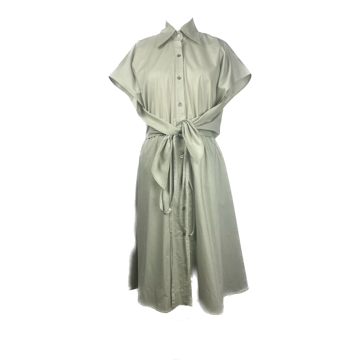 Cotton soft sage dress with button detailing and adjustable waist styled as belt