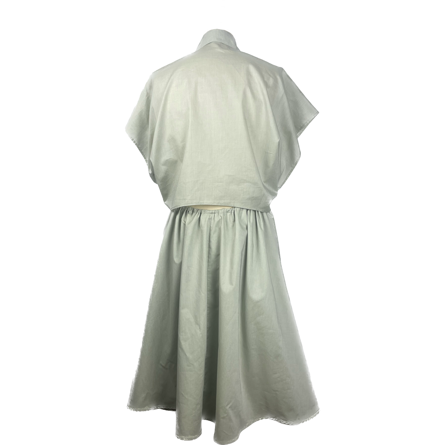 Back of cotton soft sage dress with button detailing and adjustable waist