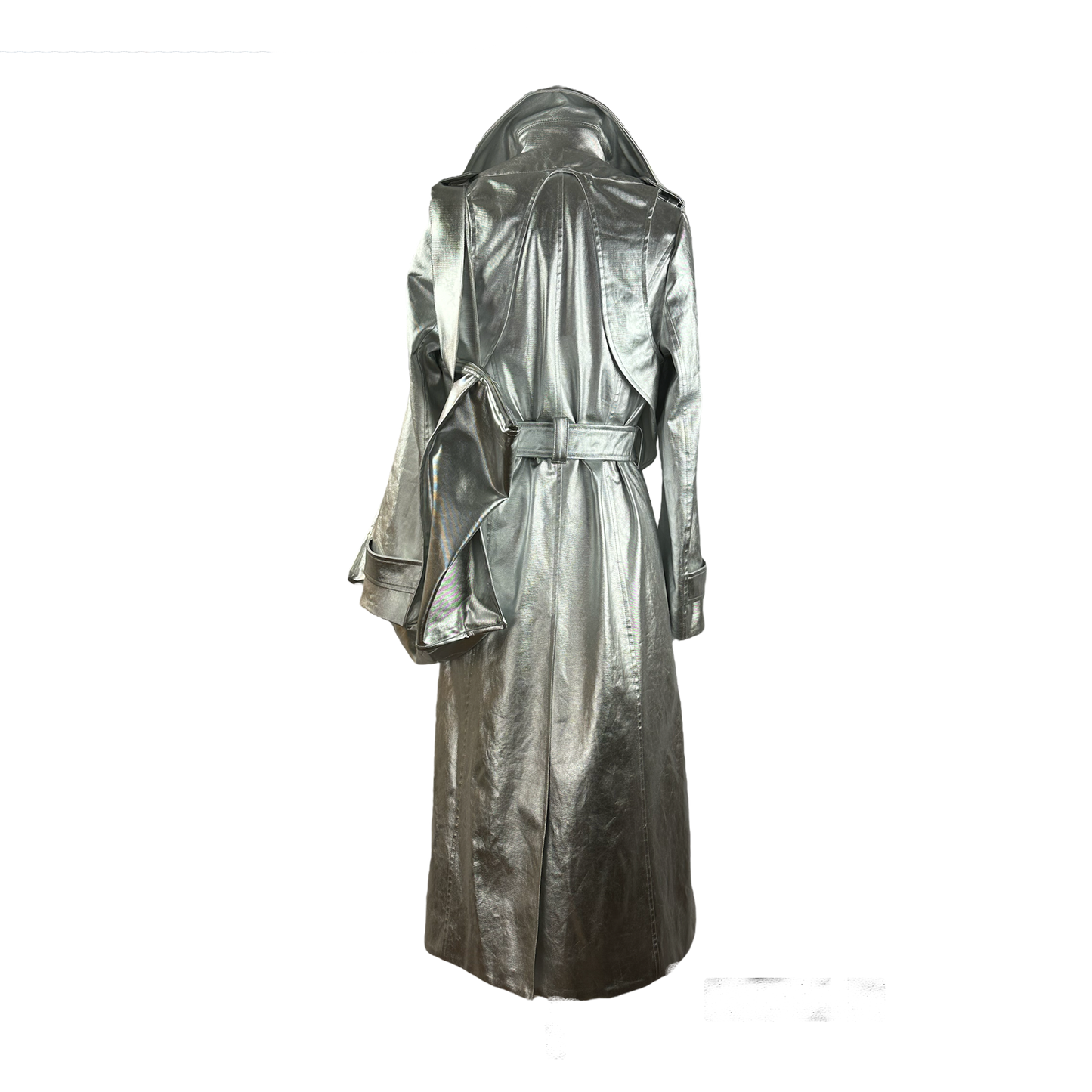 Back of long water-resistant trench coat in silver coated cotton twill with a back shield for added detail