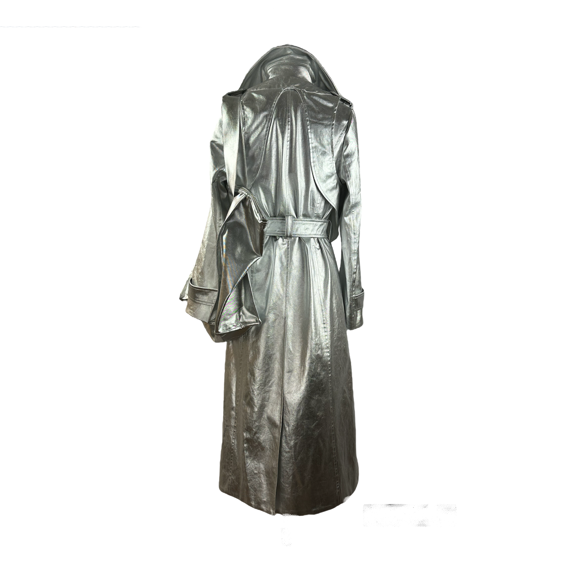 Back of long water-resistant trench coat in silver coated cotton twill with a back shield for added detail