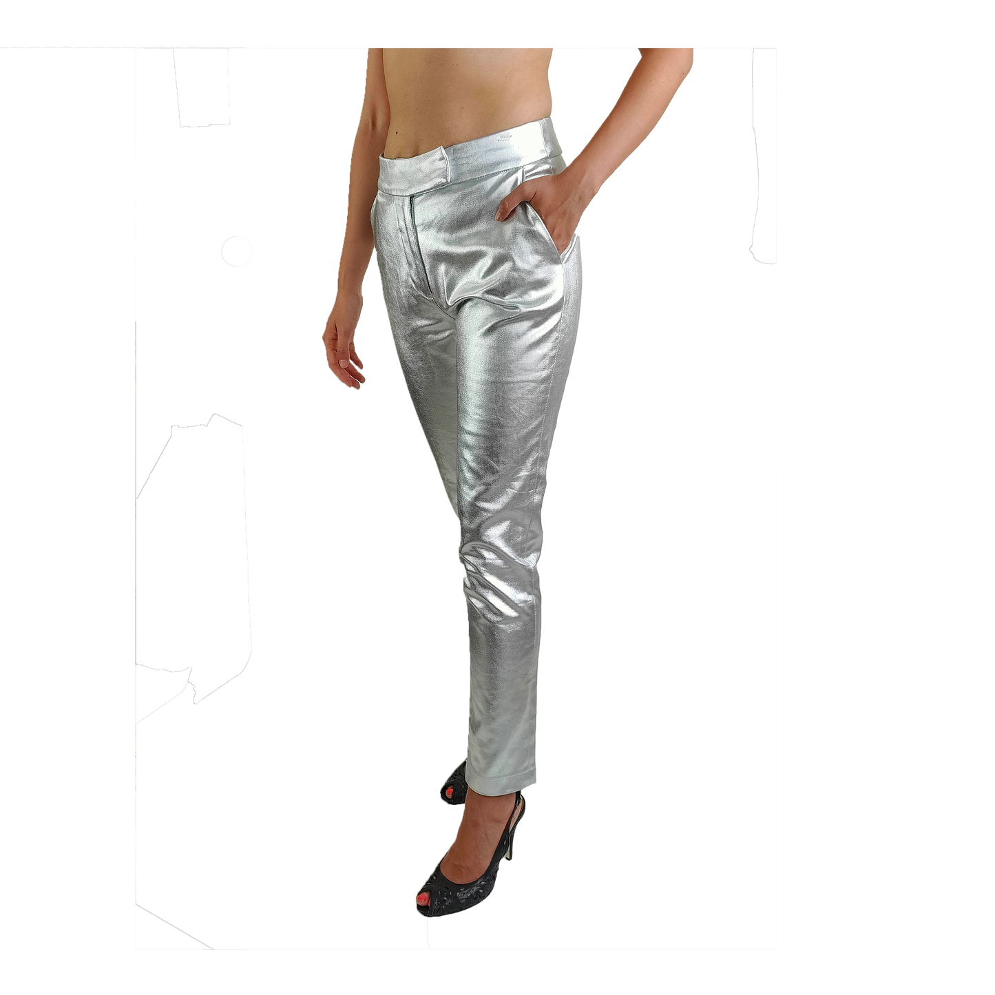 Silver slim fit pants with cropped legs and pockets