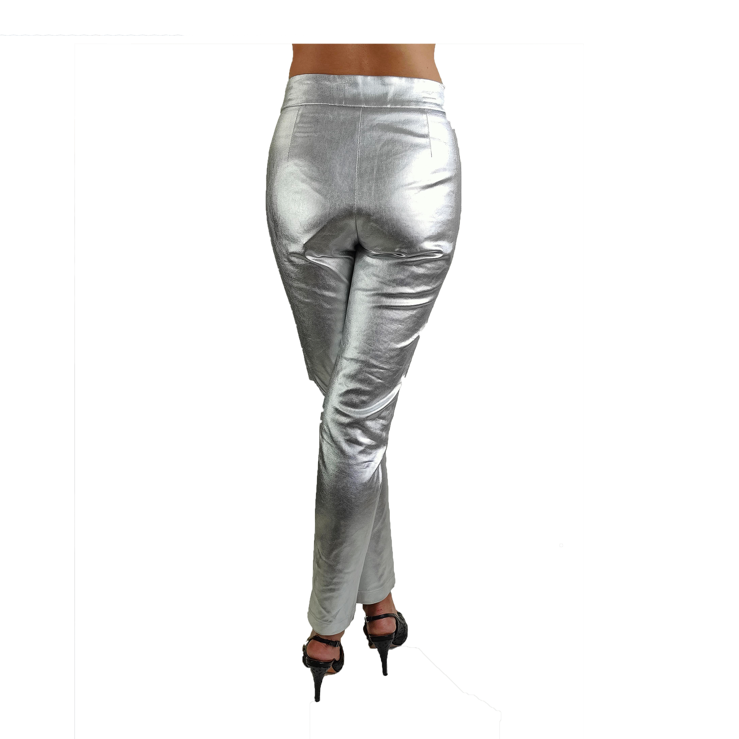 Back of silver slim fit pants with cropped legs and pockets