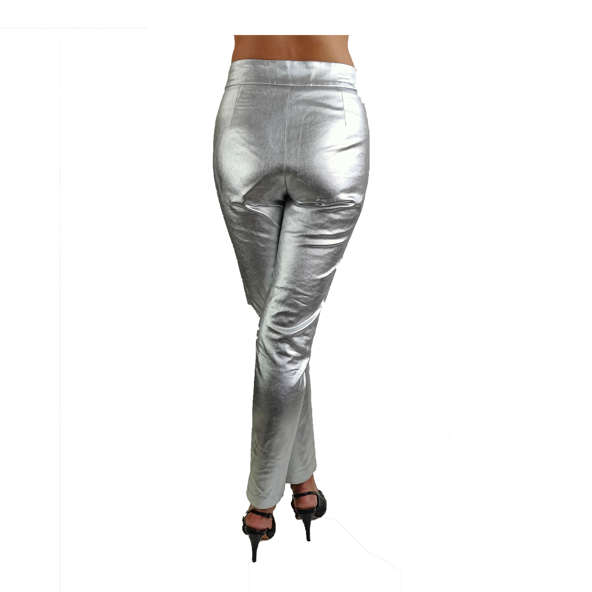 Back of silver slim fit pants with cropped legs and pockets