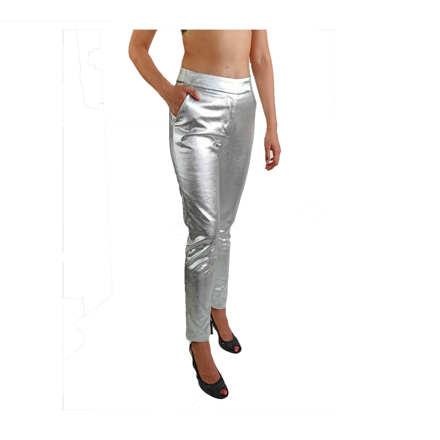 Side of silver slim fit pants with cropped legs and pockets