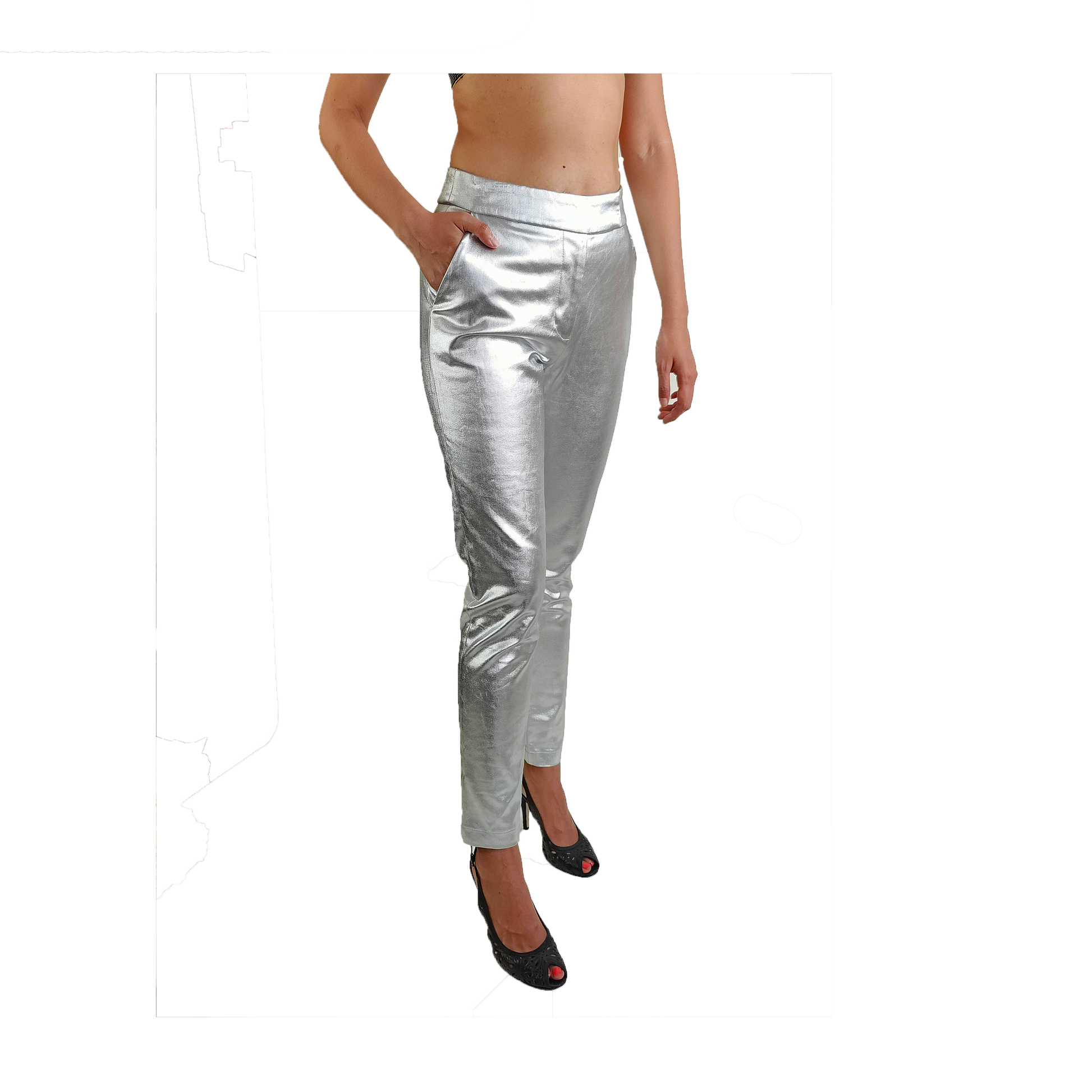 Side of silver slim fit pants with cropped legs and pockets