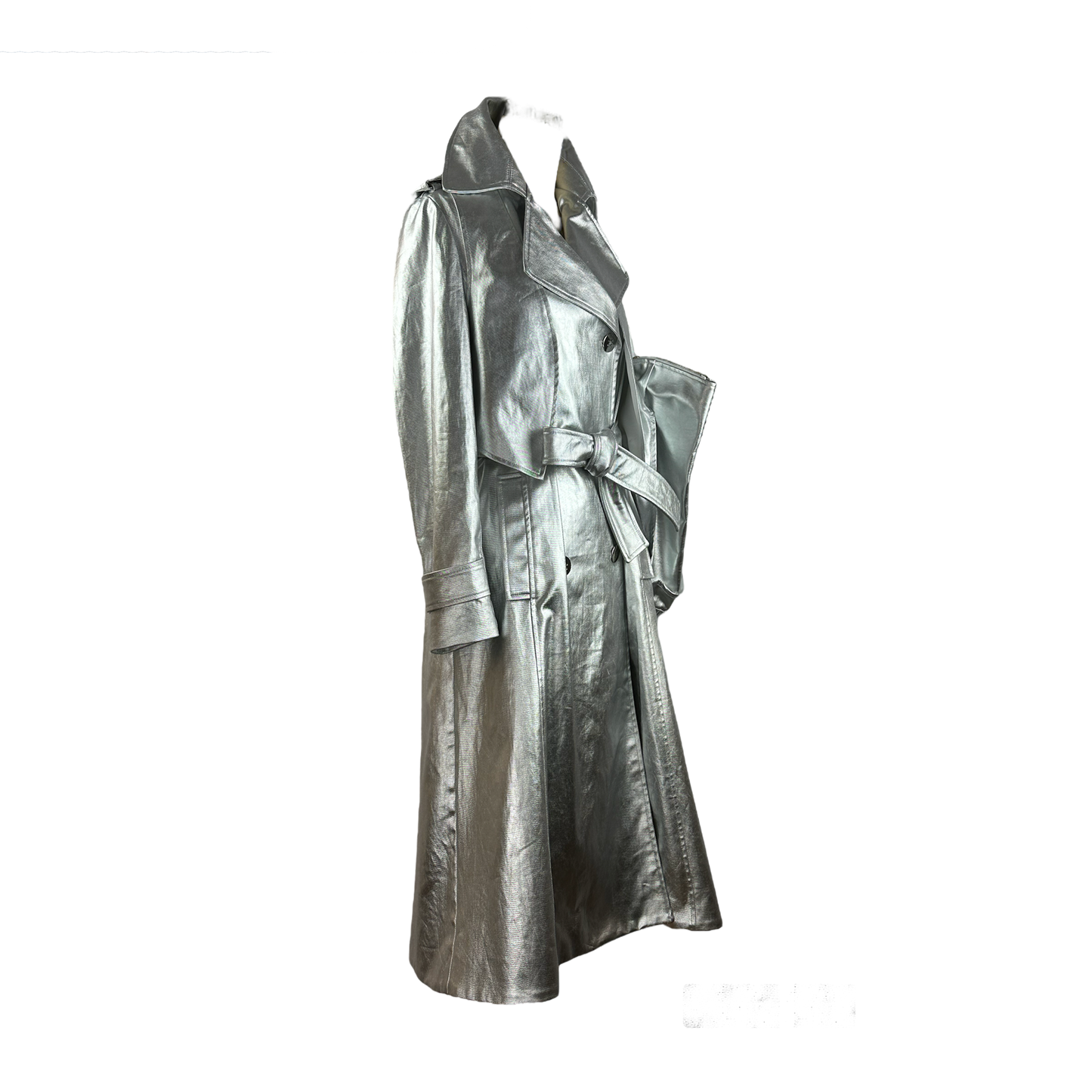 Side of long water-resistant trench coat in silver coated cotton twill with a back shield for added detail