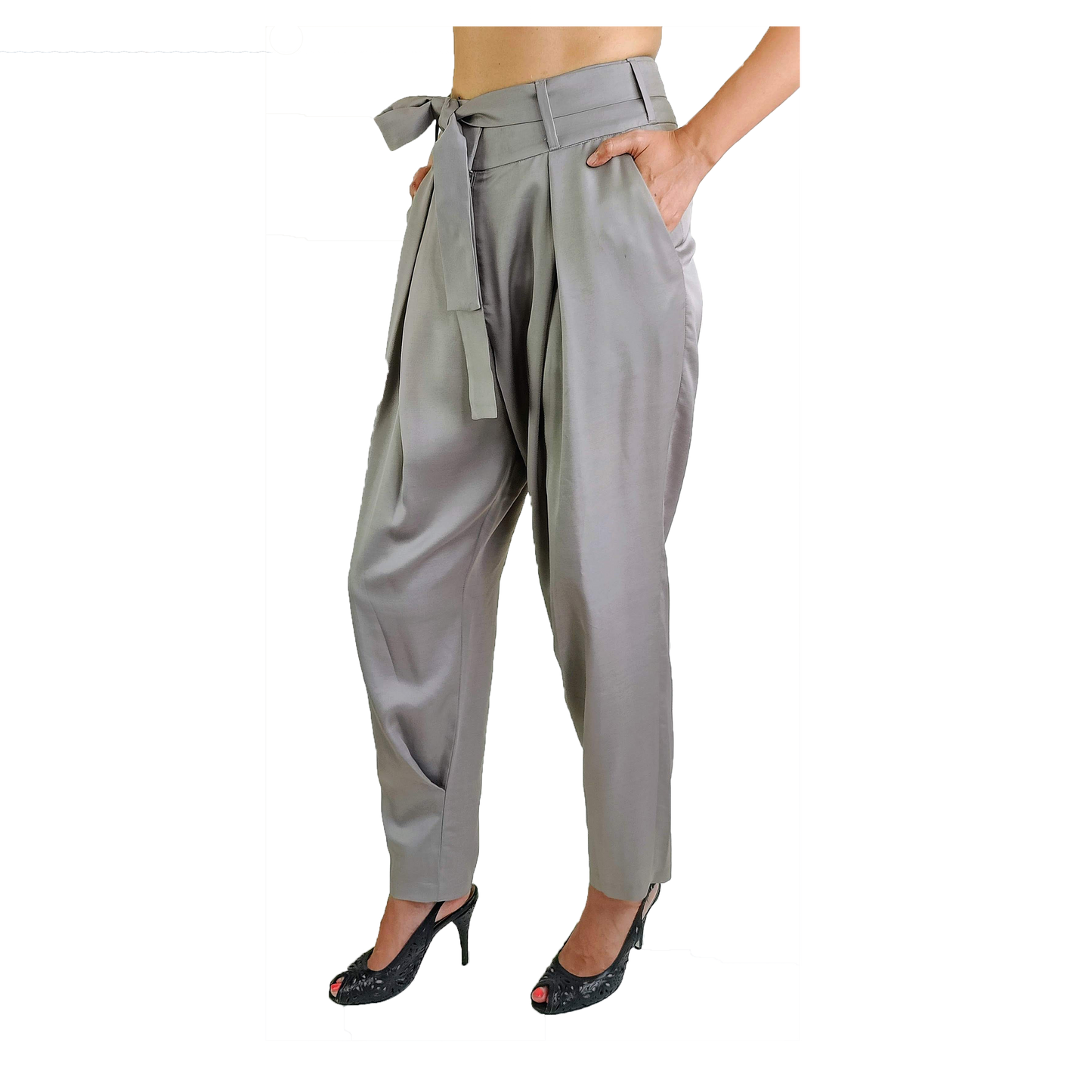 Side of gray low crotch pant in draping cotton viscose satin, including an optional tie belt