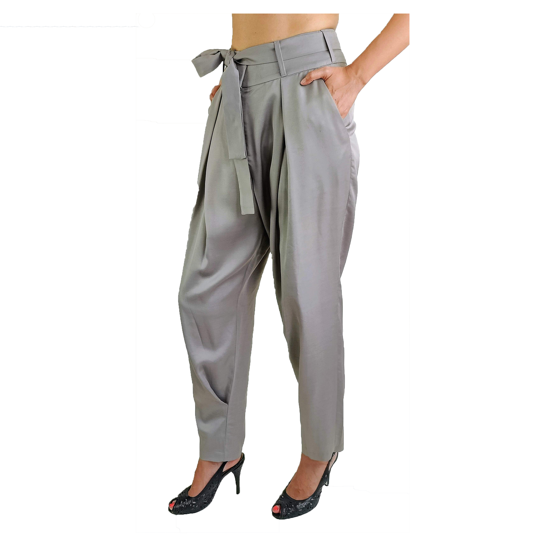 Side of gray low crotch pant in draping cotton viscose satin, including an optional tie belt