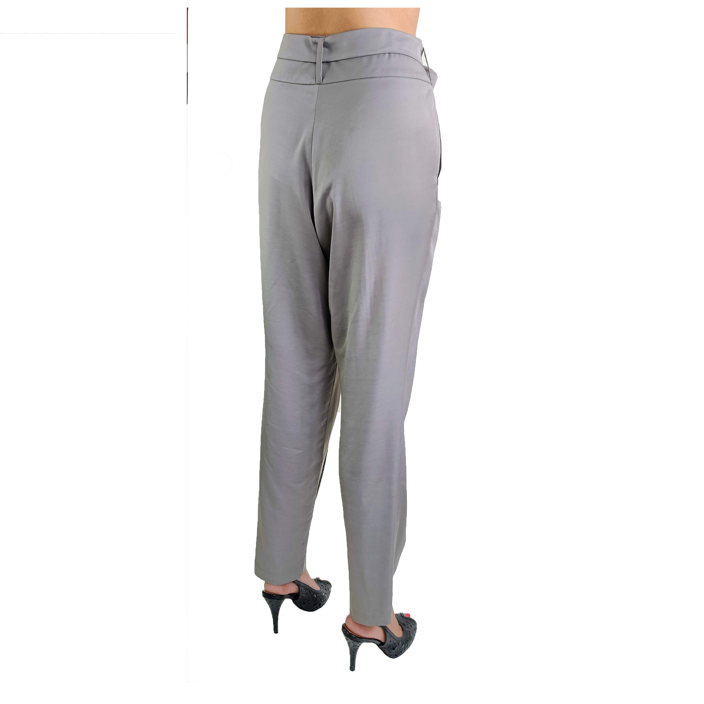 Back of gray low crotch pant in draping cotton viscose satin, including an optional tie belt