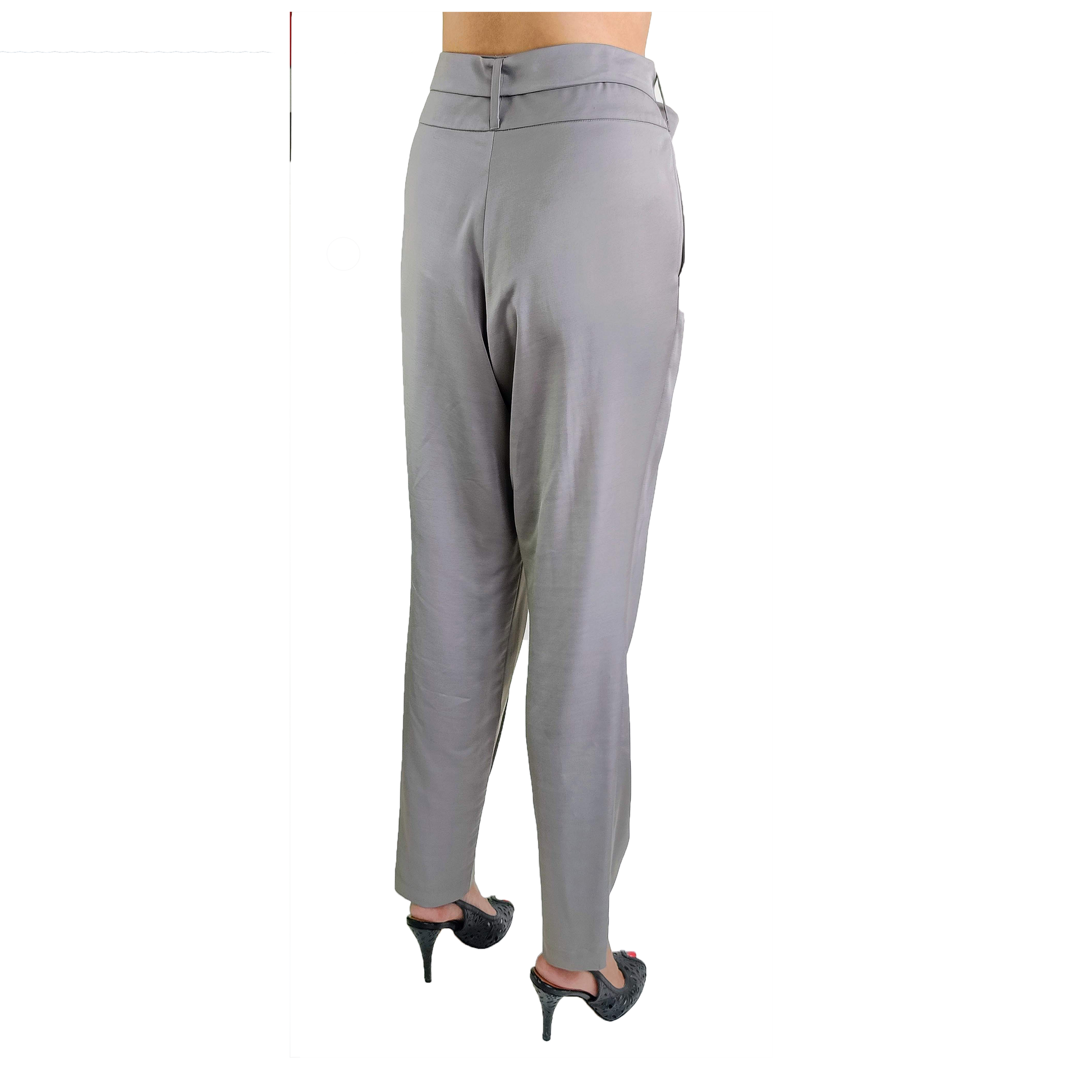 Back of gray low crotch pant in draping cotton viscose satin, including an optional tie belt