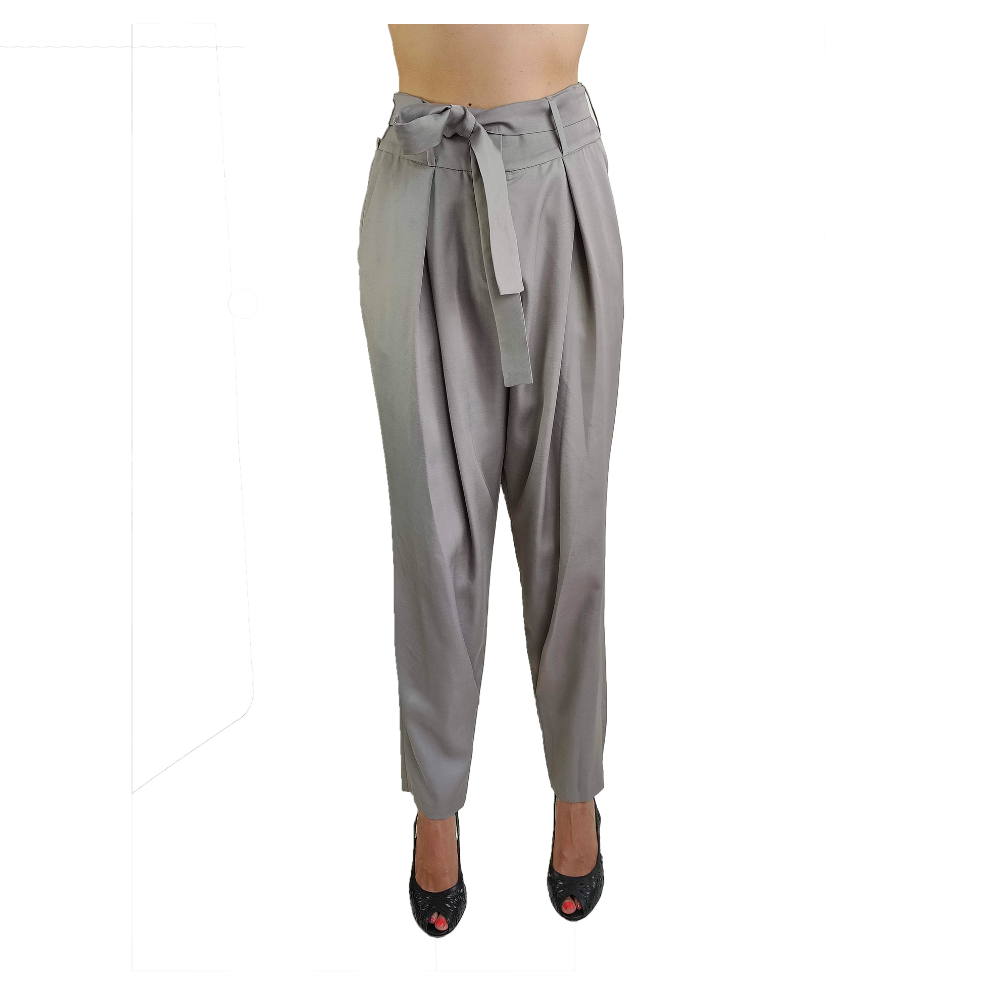Gray low crotch pant in draping cotton viscose satin, including an optional tie belt