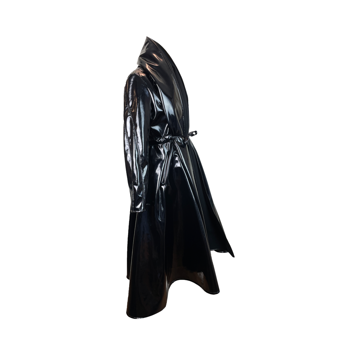 Side of patent vegan leather coat in black with multiple layers