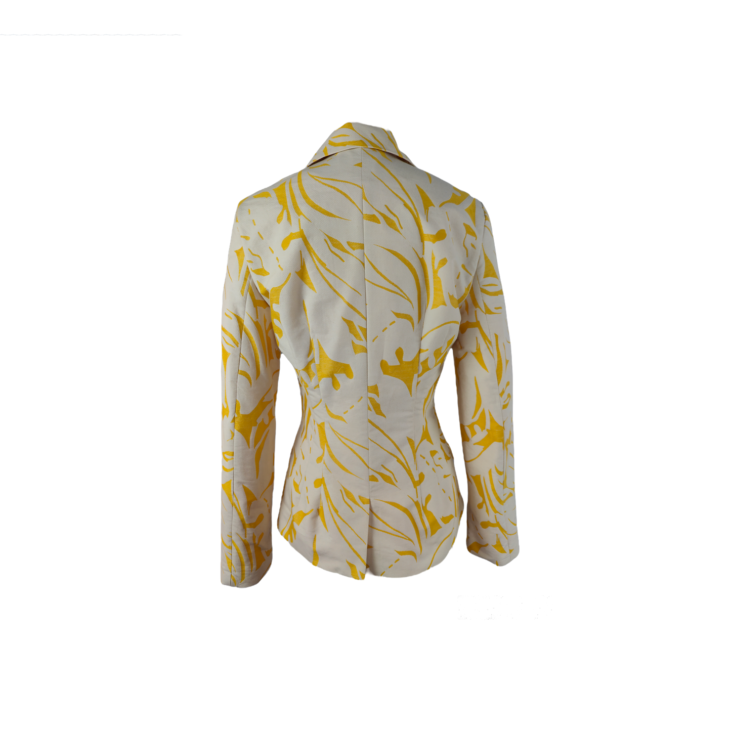 Back of slim fit blazer with a two button closure in beige with yellow patterns