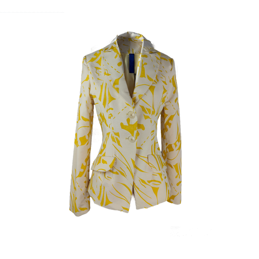 Slim fit blazer with a two button closure in beige with yellow patterns