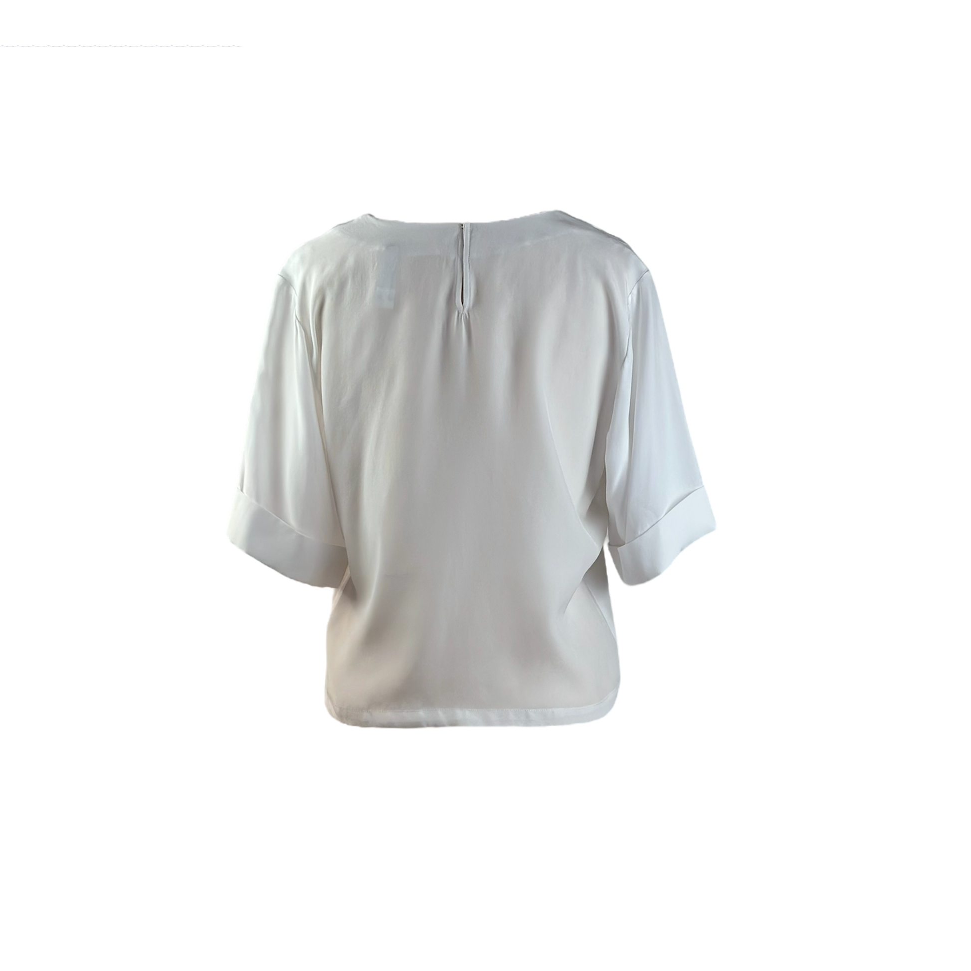 Back of cropped white boxy silk top with zipper 