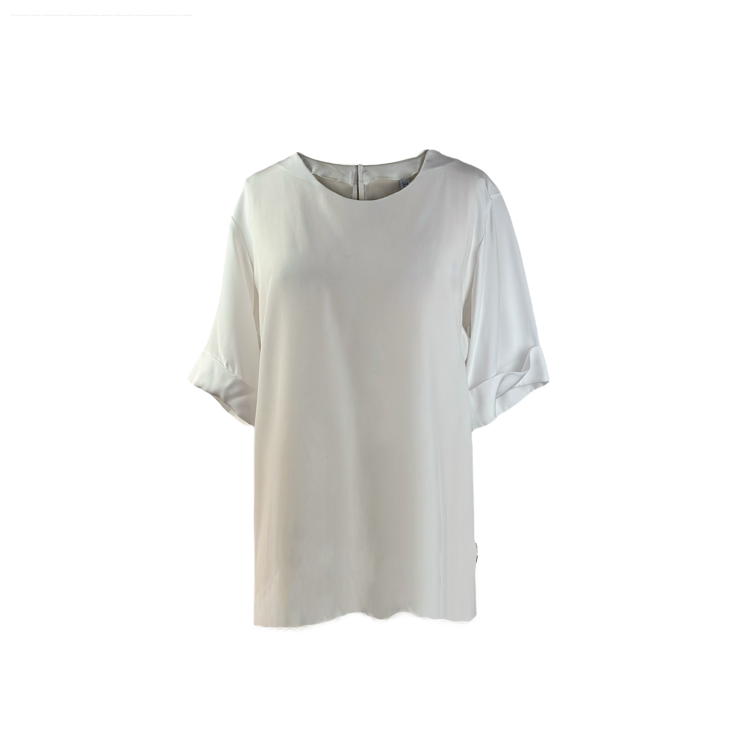 White shiny long top with folded sleeves and zipper