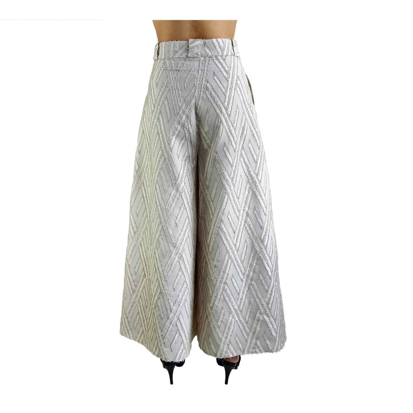 Back of white wide legged wool pants with frayed herringbone detailing