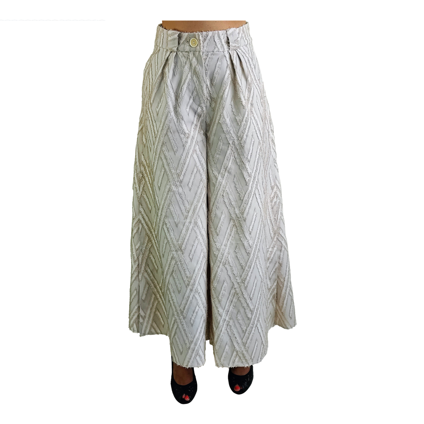 White wide legged wool pants with frayed herringbone detailing