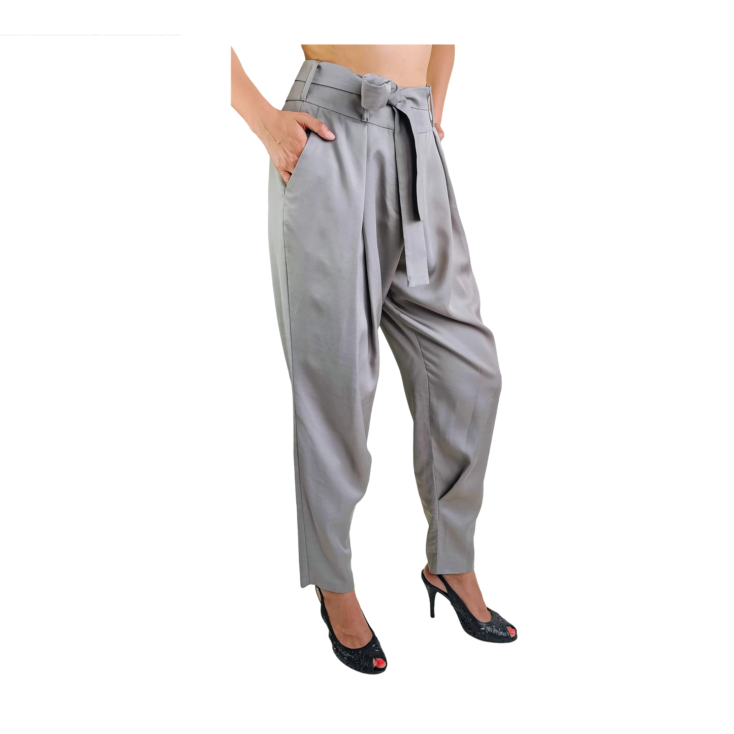 Left side of gray low crotch pant in draping cotton viscose satin, including an optional tie belt
