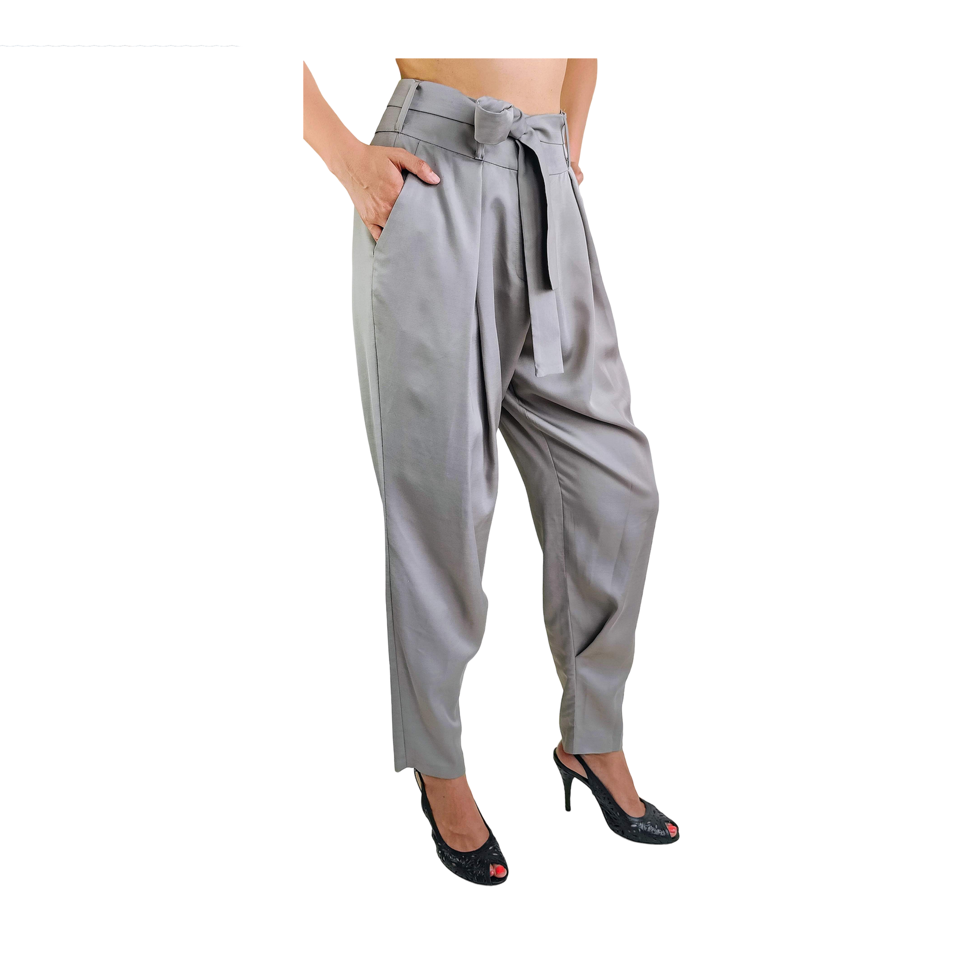 Left side of gray low crotch pant in draping cotton viscose satin, including an optional tie belt