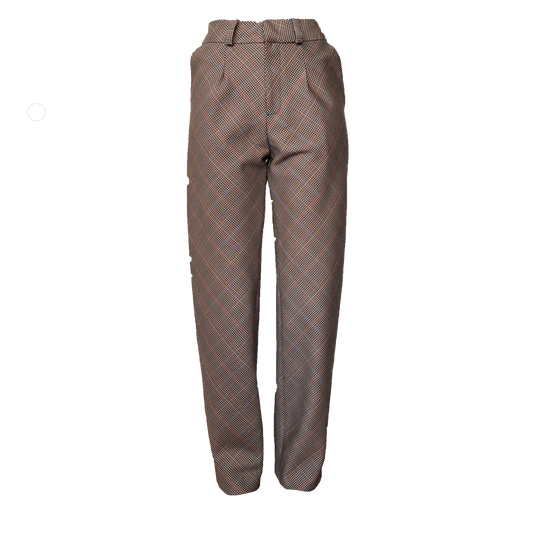 Brown plaid bias cut pant with opening pleat