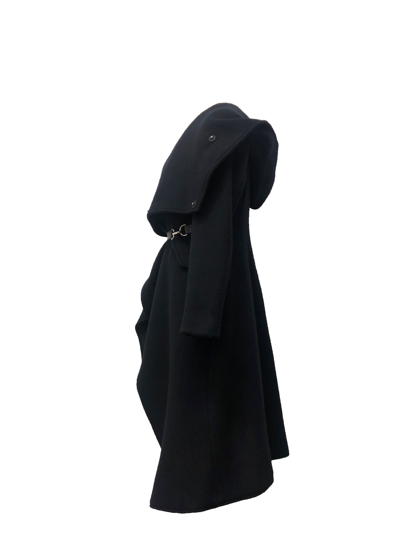 Medium length Black Coat with a hood and adjustable lambskin leather belt alongside metal clip closures turned sideways