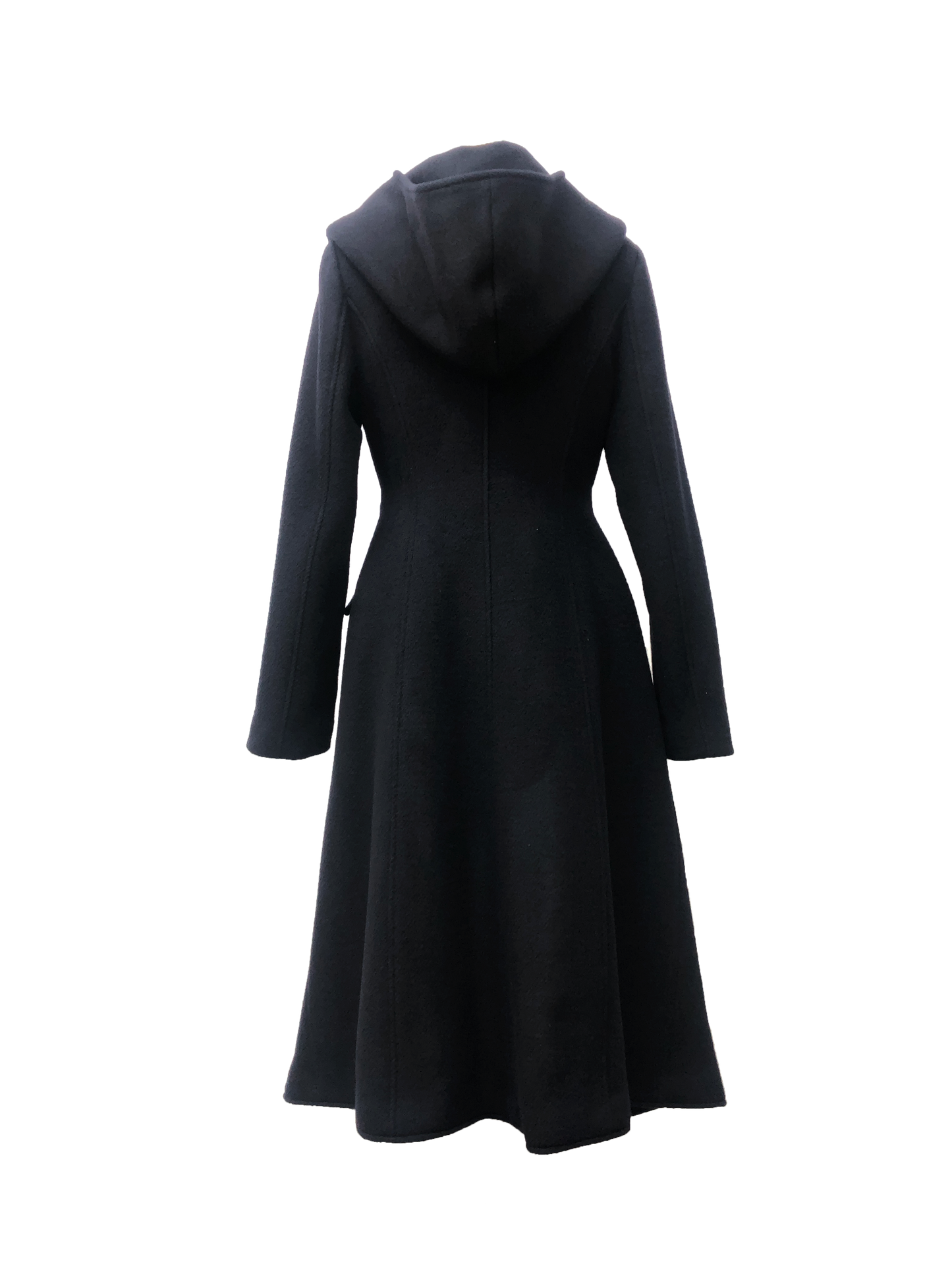 Back of Medium length Black Coat with a hood and adjustable lambskin leather belt alongside metal clip closures 