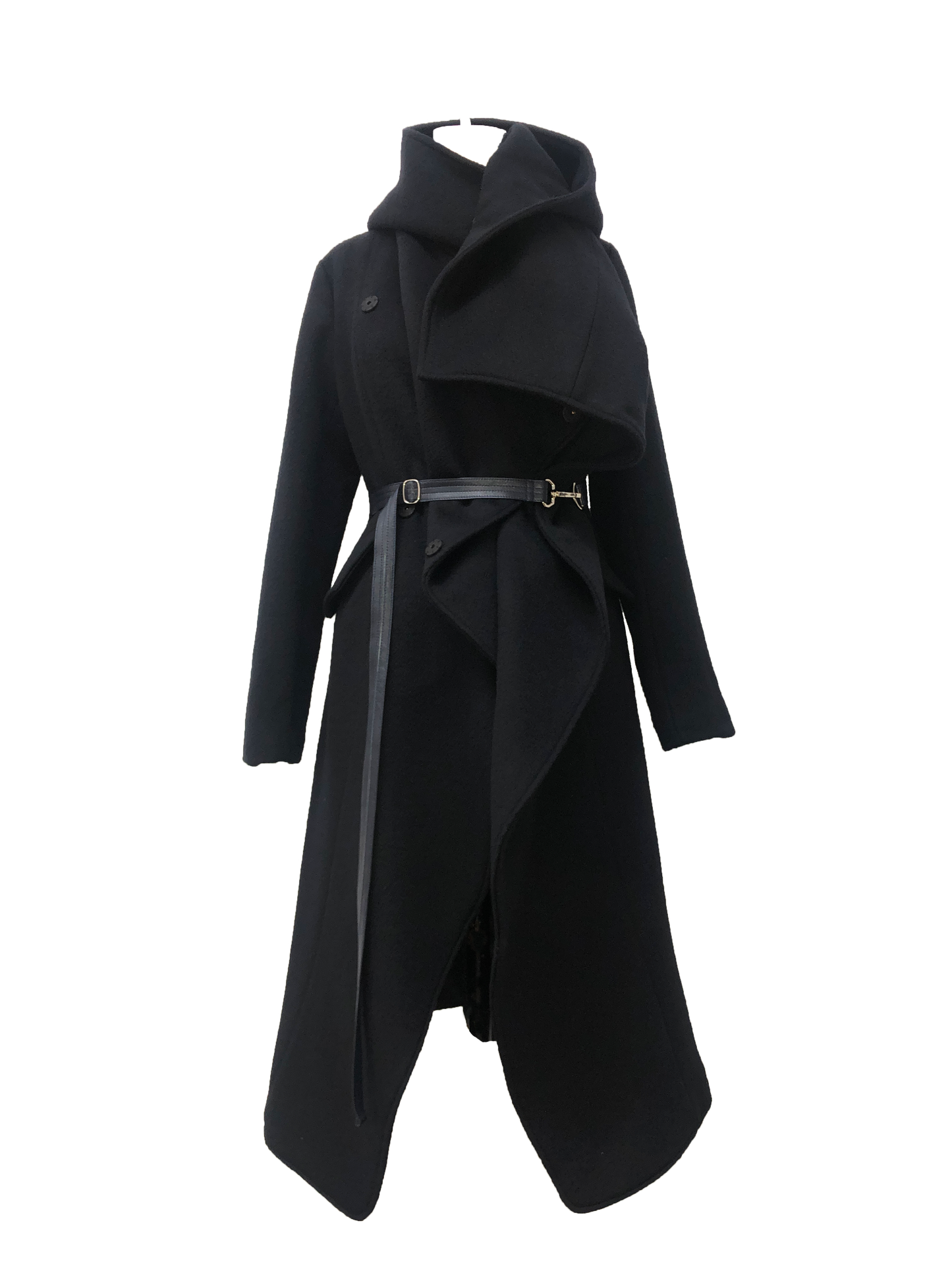 Medium length Black Coat with a hood and adjustable lambskin leather belt alongside metal clip closures 