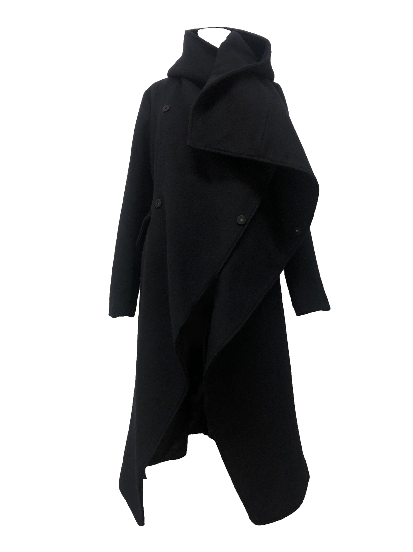 Medium length Black Coat with a hood alongside metal clip closures 