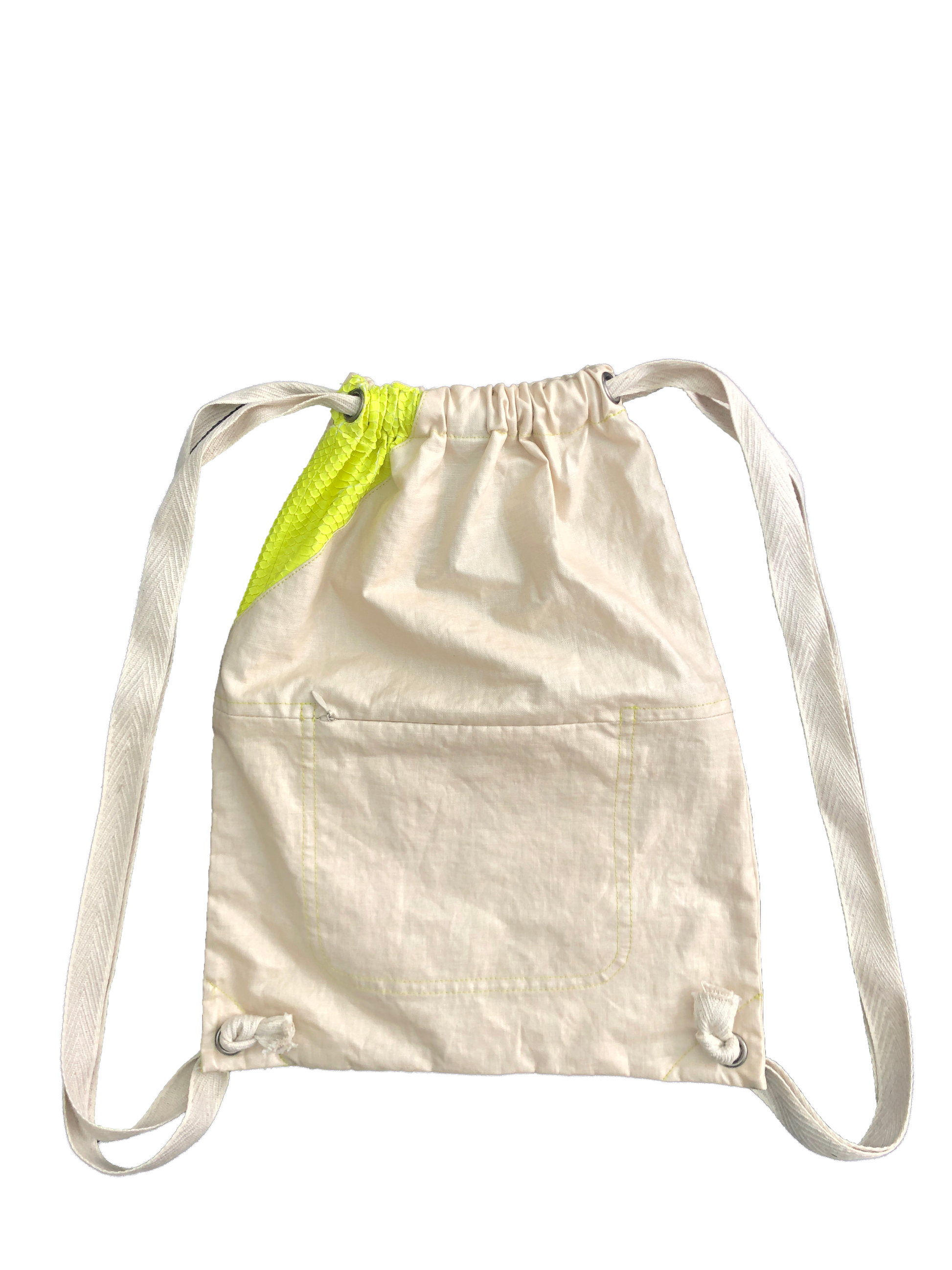 Back of metallic coated Linen reversible backpack with neon inset snake skin
