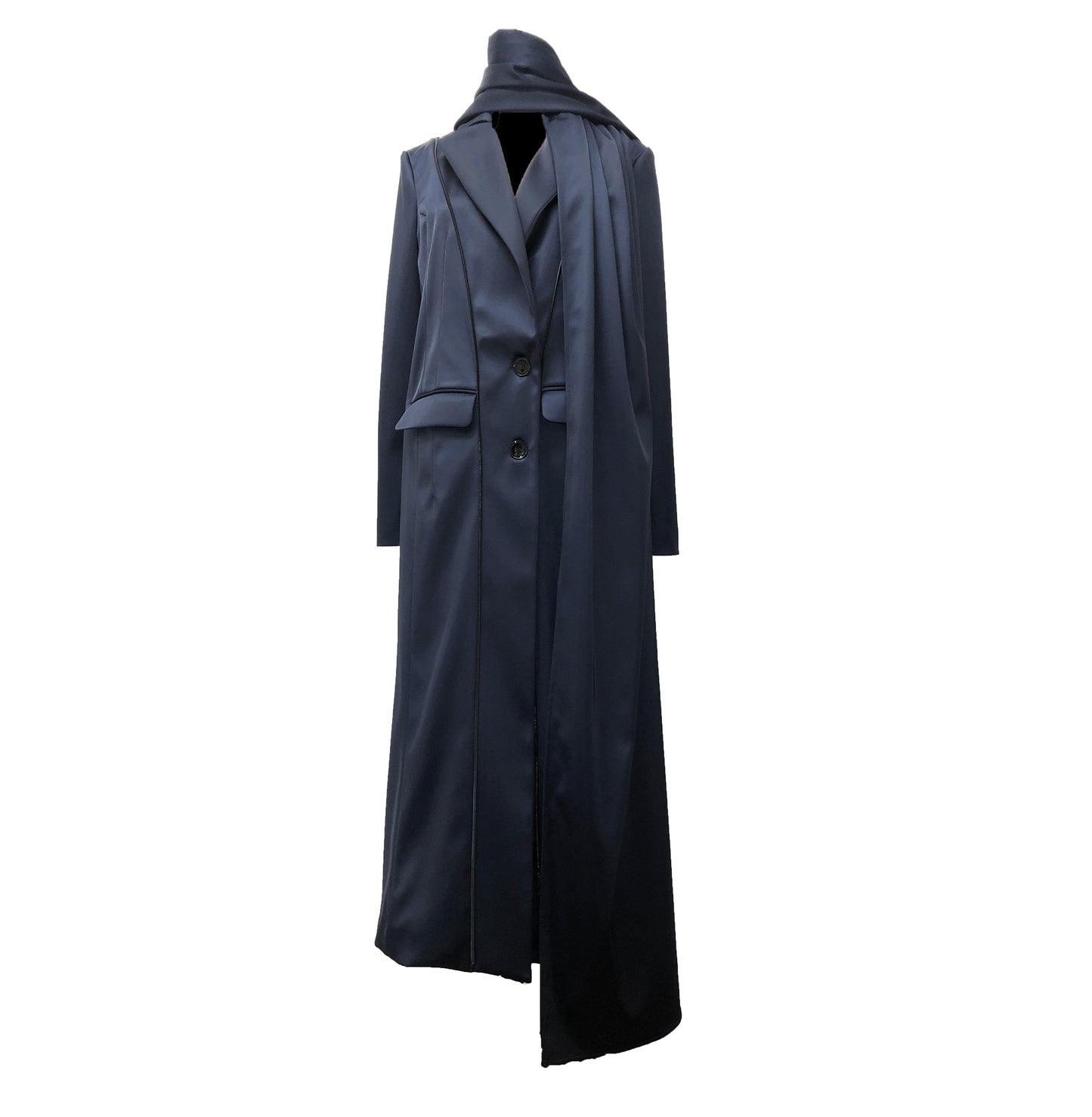 Navy stretch satin coat with transformable zippers and self tie belt with draped detail around the neck