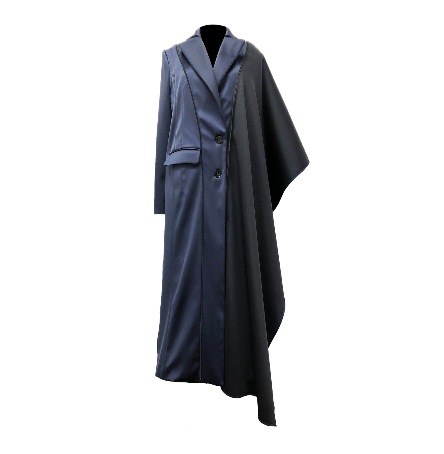 Navy stretch satin coat with transformable zippers and self tie belt with side draped detail
