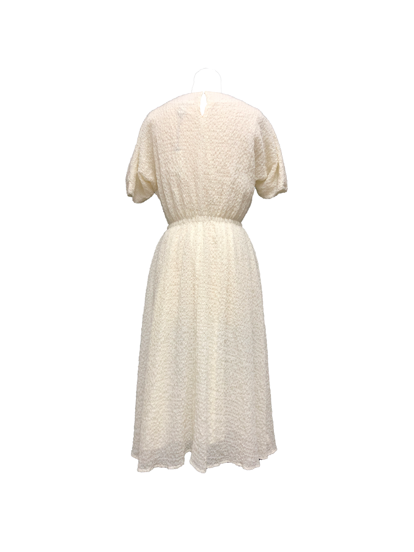 Back of white fringed midi dress with drawstring detail, adjustable sleeves, and gathered waist