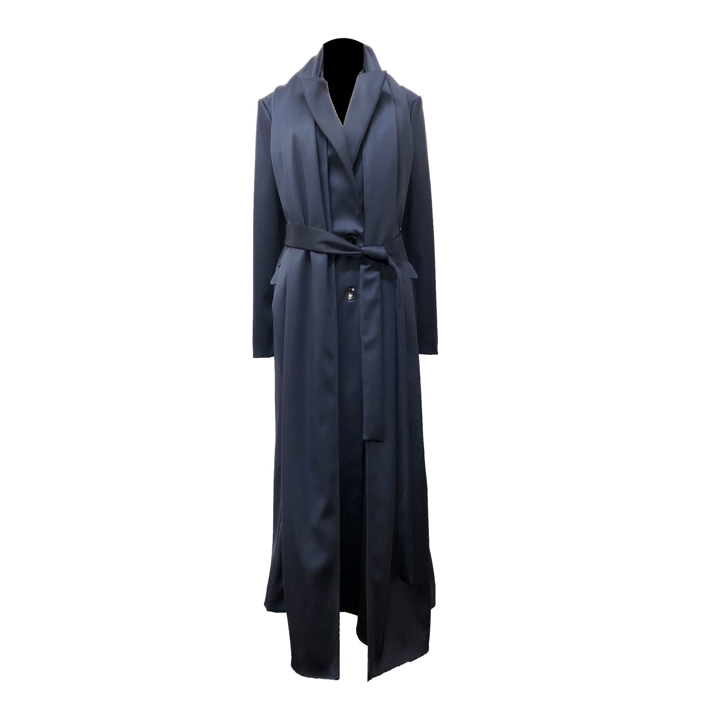 Navy stretch satin coat with transformable zippers and self tie belt