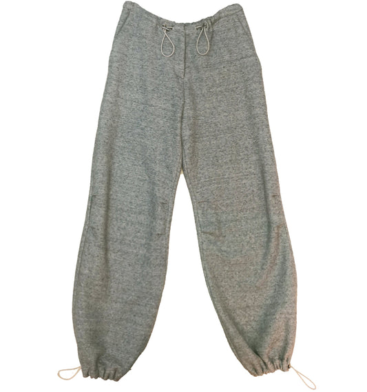 Gray and black sweatpants with adjustable waist and ankle drawstrings