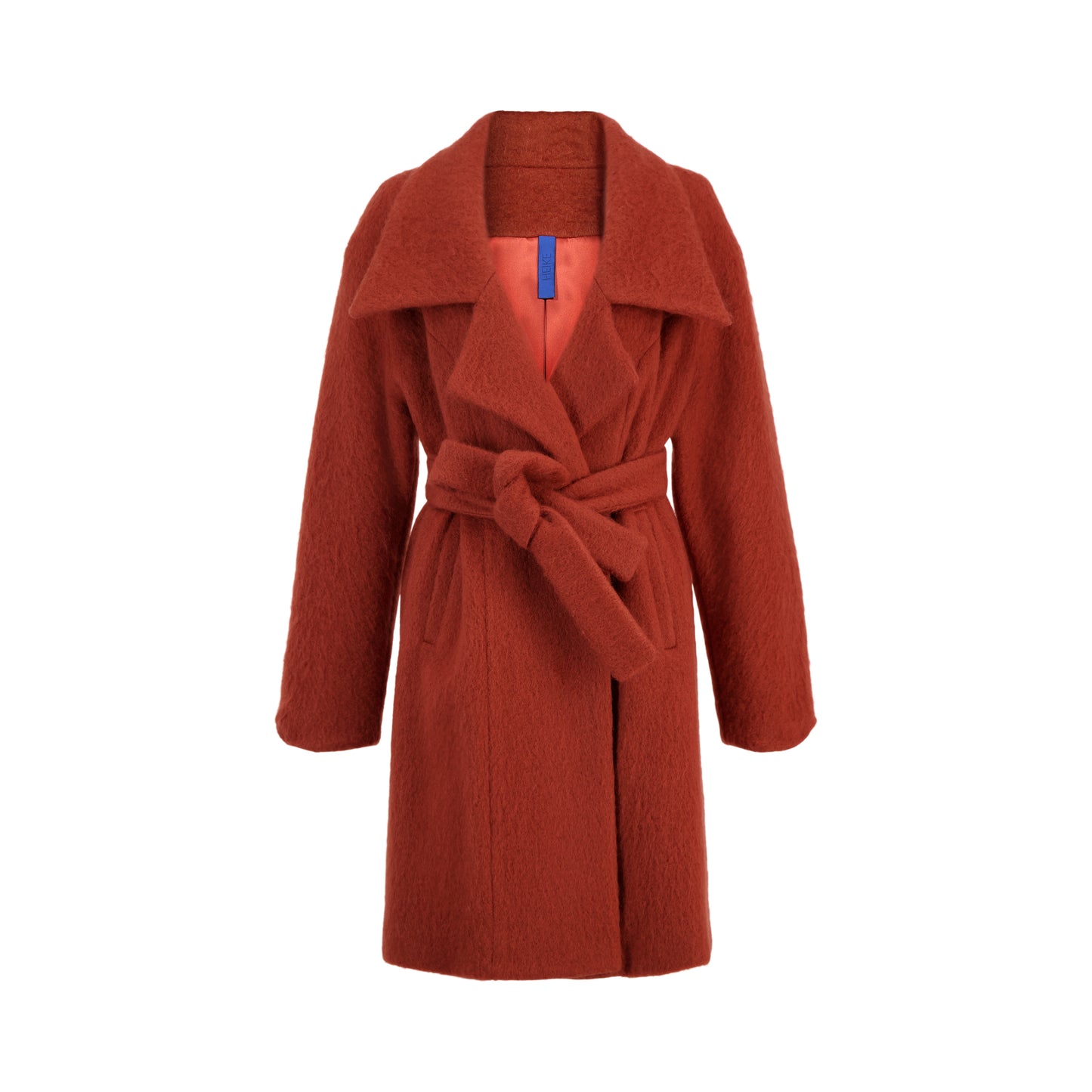 Mohair double breasted coat with wide collar cut and double self tie belt in rust