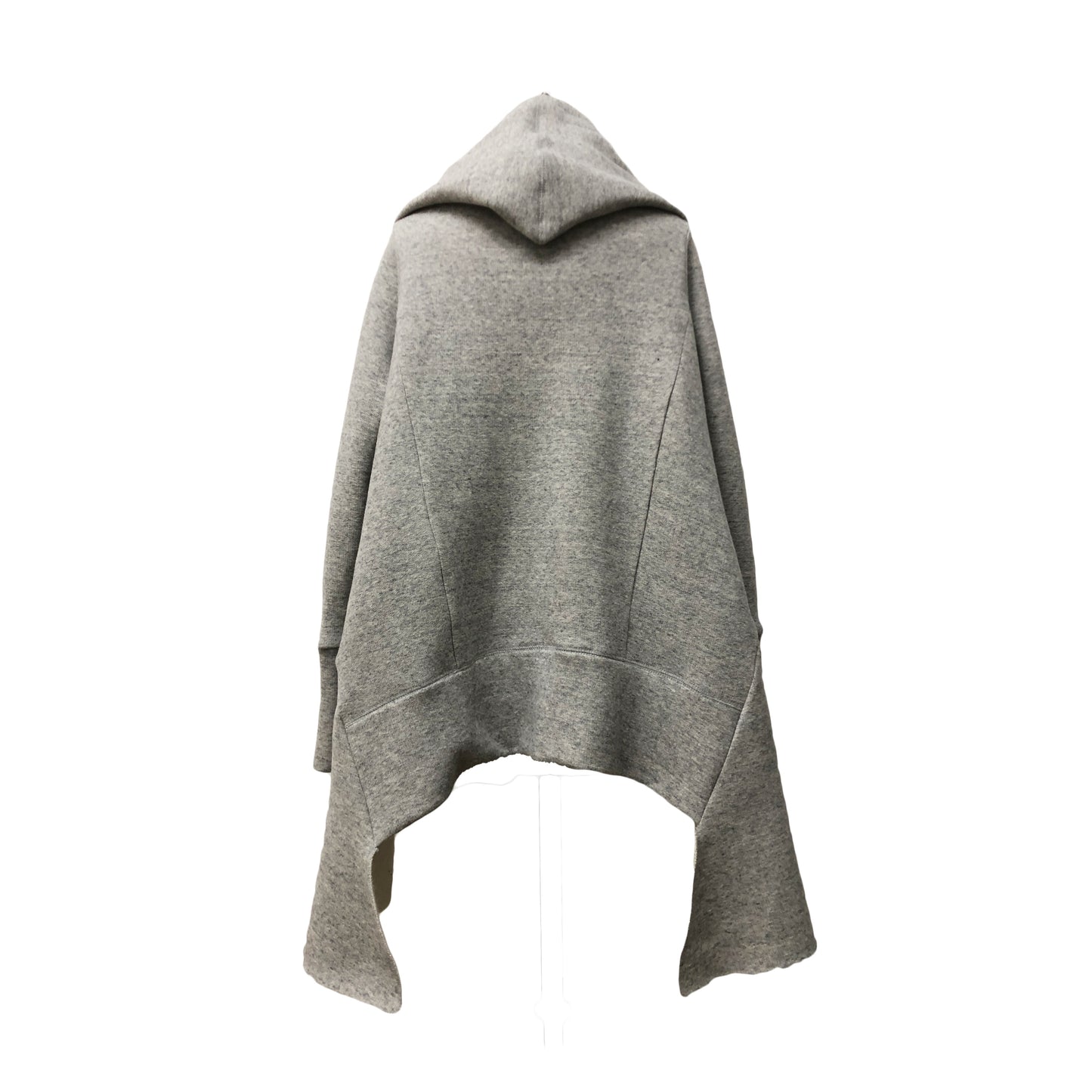 Back of loose gray cardigan with adjustable shawl collar and fitted sleeves
