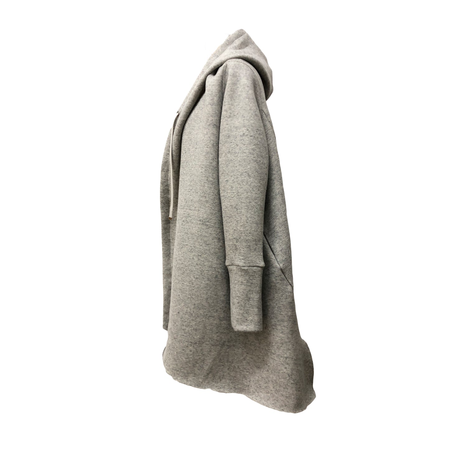Side of loose gray cardigan with adjustable shawl collar and fitted sleeves