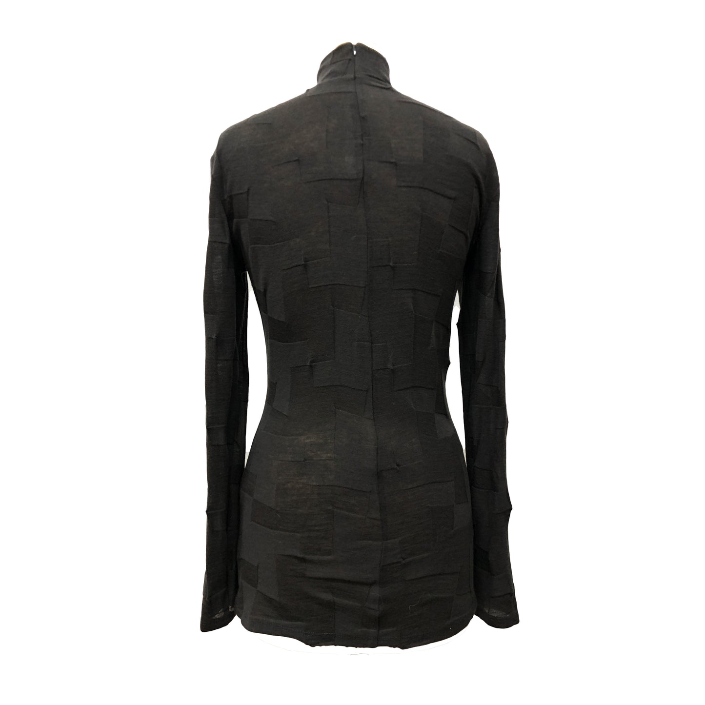 Back of black wool and elastane blend turtleneck with geometric patterns